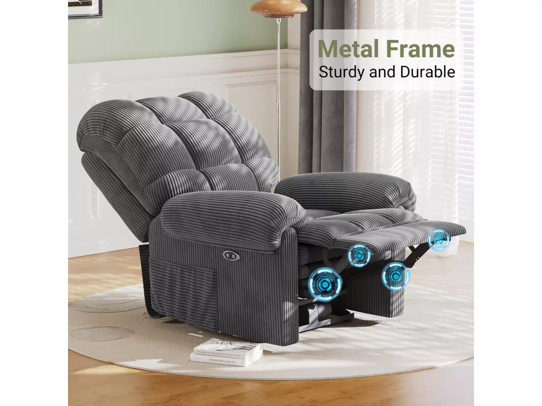 Fauteuil Relax Fauteuil électrique en Velours Côtelé,Fauteuil à loisirs Réglable avec USB,Dossier Réglable,Anti-statique avec Repose Pieds - 96x97x104cm Gris