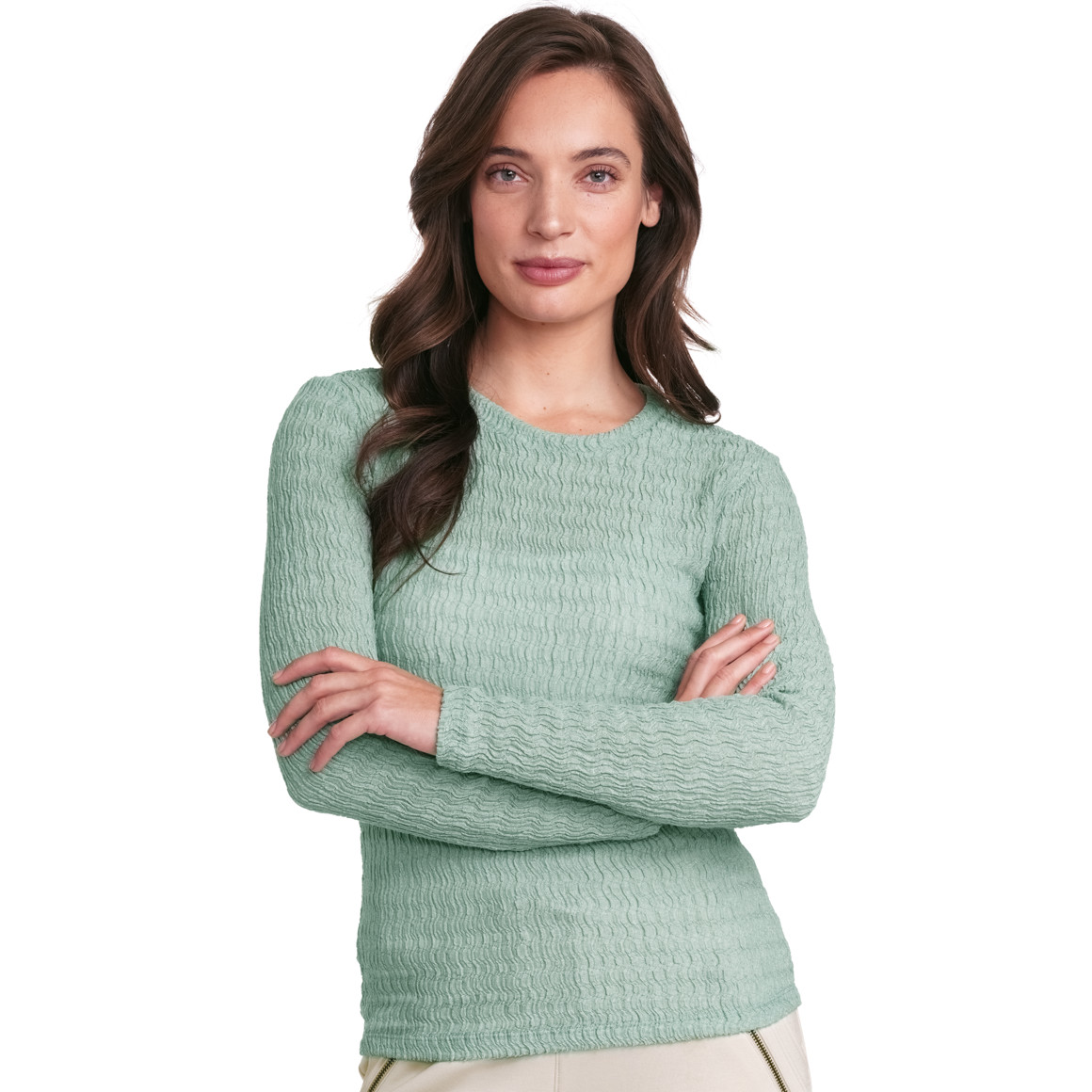 Damen Langarmshirt mit gekreppter Struktur salbei