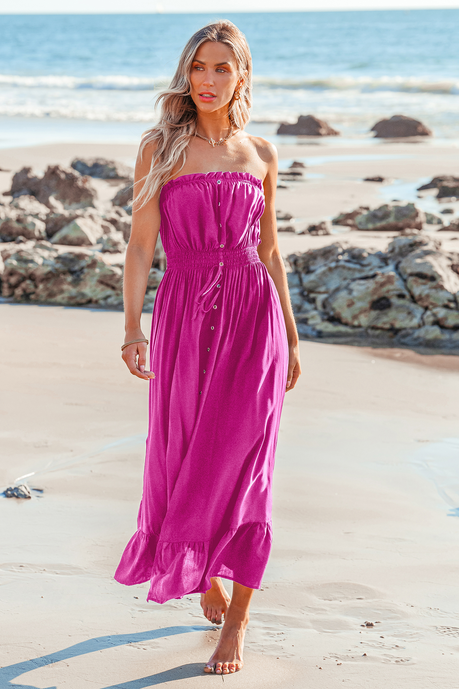 Robe maxi sans manche avec taille à smocks avec mini-volants rose