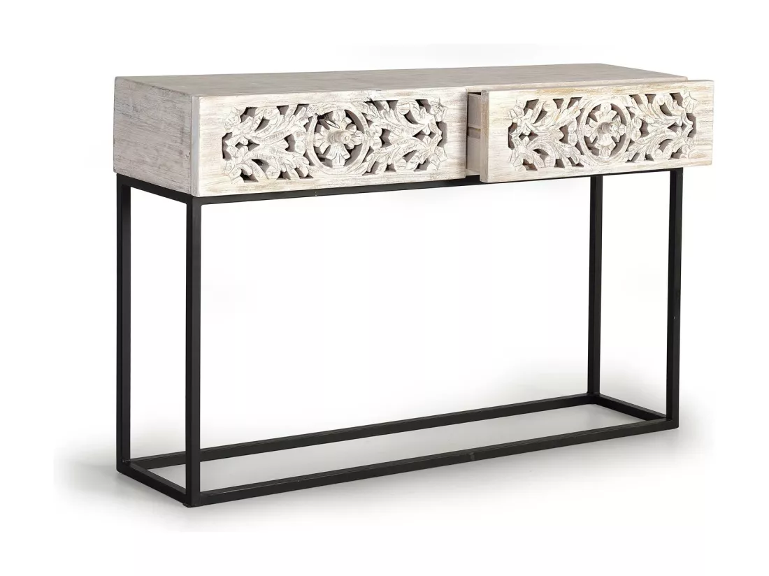 Console en manguier et pieds en métal vieilli noir et blanc Blanco.Giner y Colomer.77x30x120