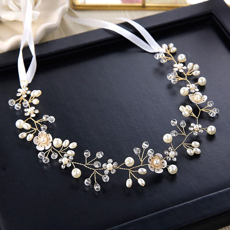 Stirnband Haarschmuck Braut Frisur Kette Strass / Perlen Band Kopfschmuck - Gold / Weiss