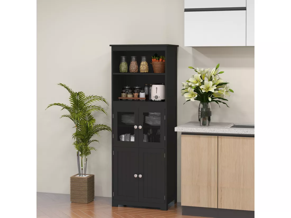 Armoire de cuisine multi-rangements 4 portes avec étagères 2 niches grand plateau MDF noir