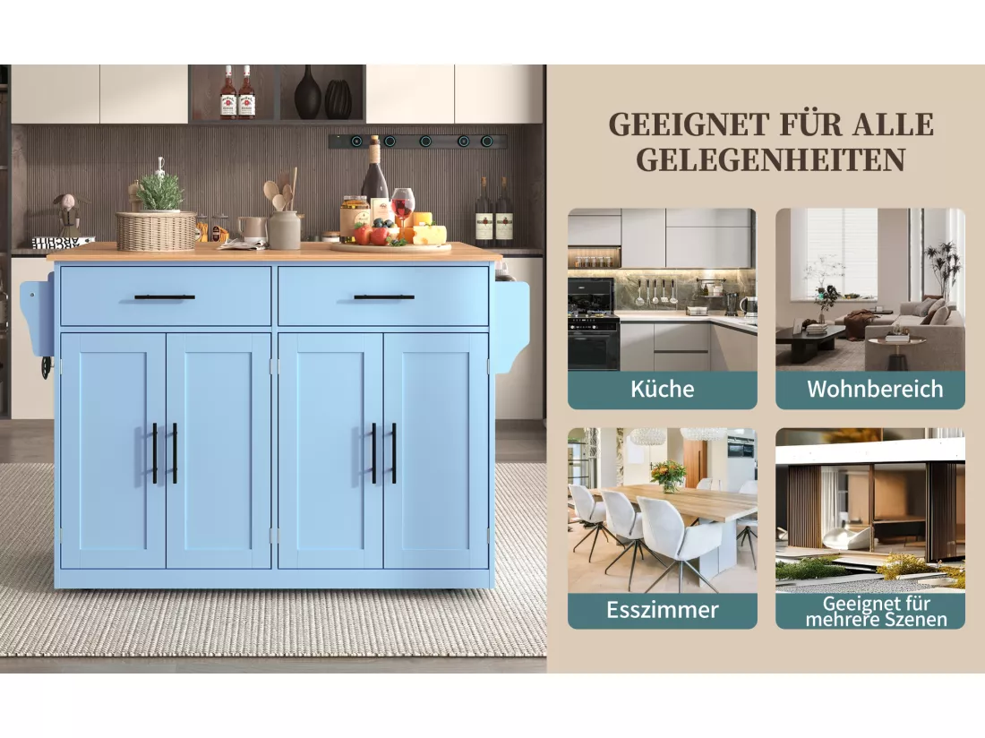 Ilot central de cuisine mobile avec 4 portes et 2 tiroirs - Plateau extensible - 120x46(70)x91 cm - Bois MDF - Bleu et naturel