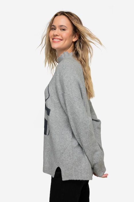 Pullover, Wording Print, Wollanteil, Stehkragen, Langarm