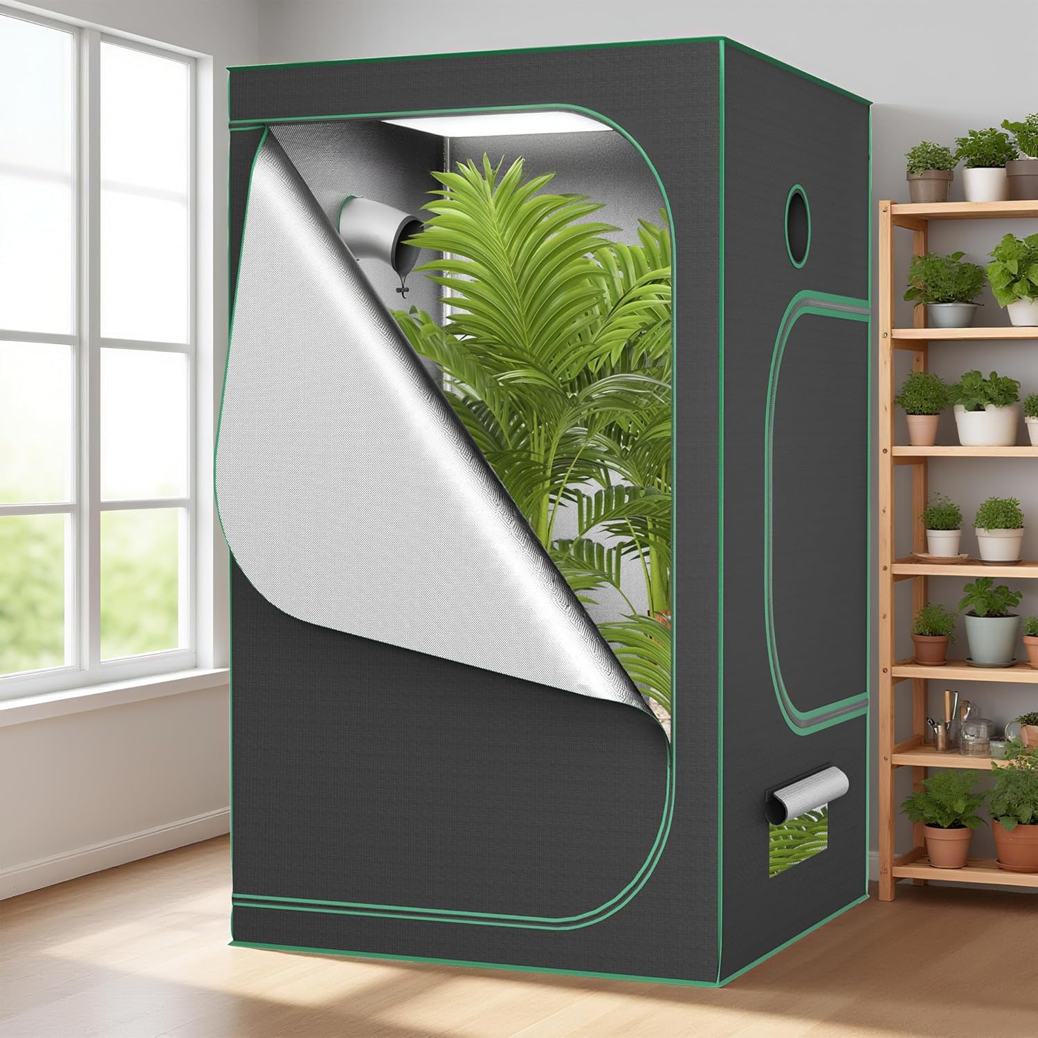 Froadp Growzelt 120x120x200 cm Zuchtzelt mit 600D Oxford-Gewebe und Stahlrahmen Lichtdichter Growschrank mit Reflektierender Innenfolie Gewächshaus für Pflanzenzucht Indoor, Schwarz