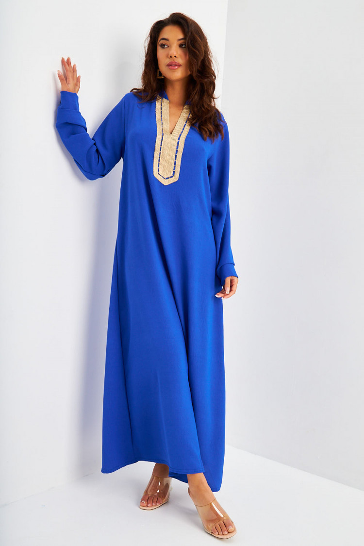 ABAYA bleu électrique décolleté V broderie dorée