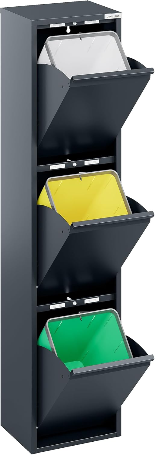 Küche Mülleimer Für Den Vielseitigen Einsatz Mit Klappen Aus Edelstahl Stilvoller Abfalleimer Für Eine Effiziente Und Praktische Aufbewahrung Anthrazit (3 x 15 LT - 45 LT)