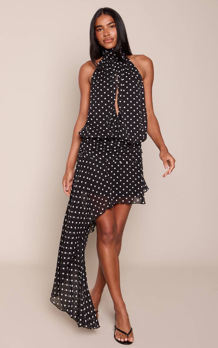 Noir Jupe Longue Asymétrique En Mousseline À Pois Ensemble Coordonné