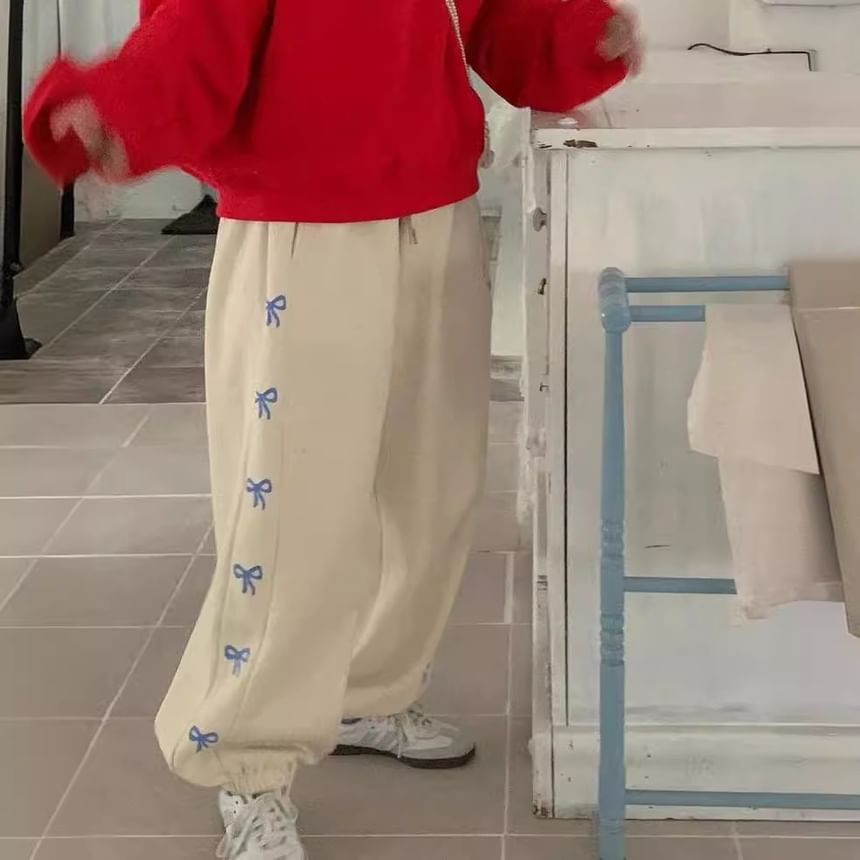 Rosesand - Hoge taille strikprint effen losse wijde joggingbroek
