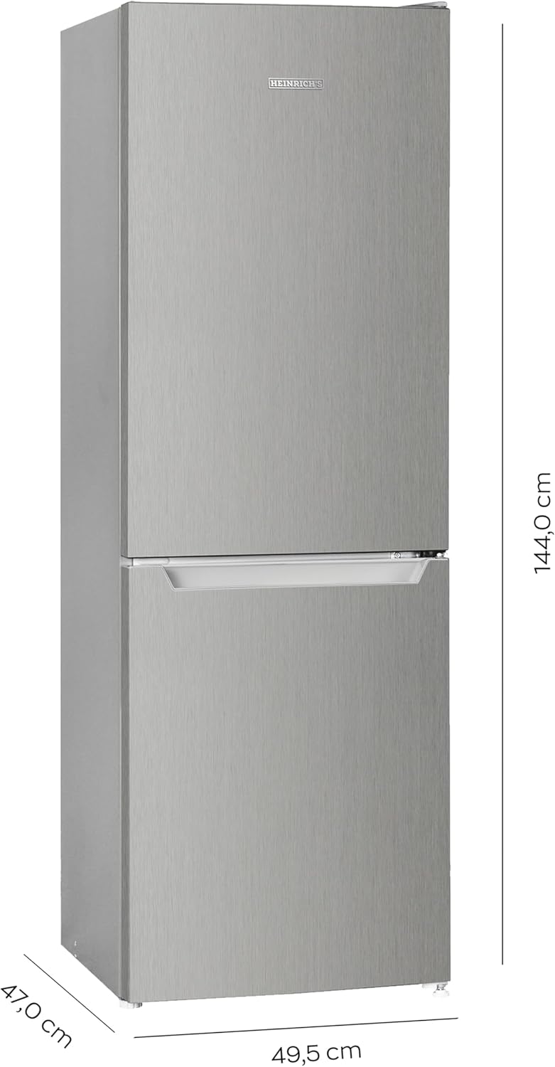 Heinrich´s Kühlgefrierkombination mit 157 L Gesamtvolumen, 109 L Kühlvolumen 48 L Gefriervolumen, LED Beleuchtung, Türanschlag wechselbar, verstellbare Füße, leise 39 dB, große Tiefkühlboxen, Inox