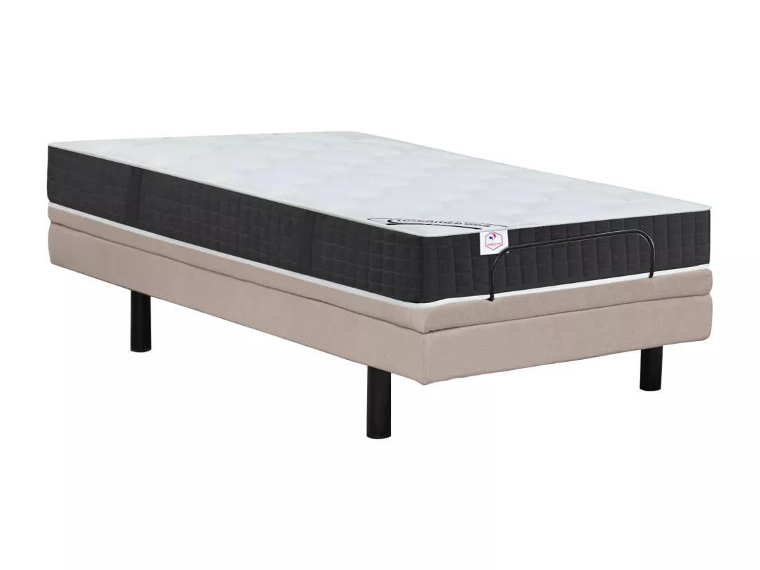 Lit électrique de relaxation déco + matelas ressorts ensachés et mémoire de forme - 90 x 200 cm - Tissu - Beige - RIZALI de YSMÉE