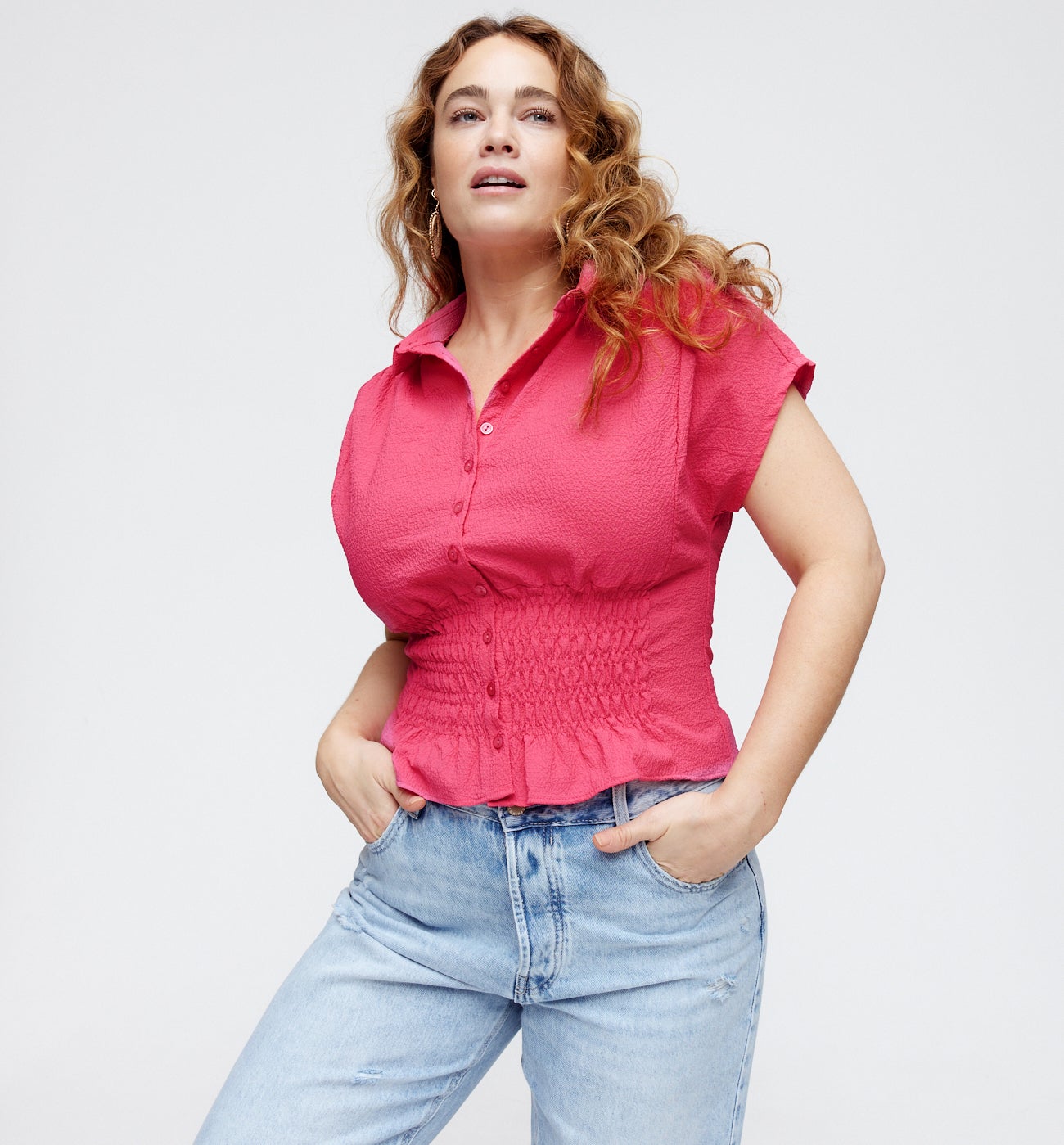 Chemise crêpée smockée Femme - Rose