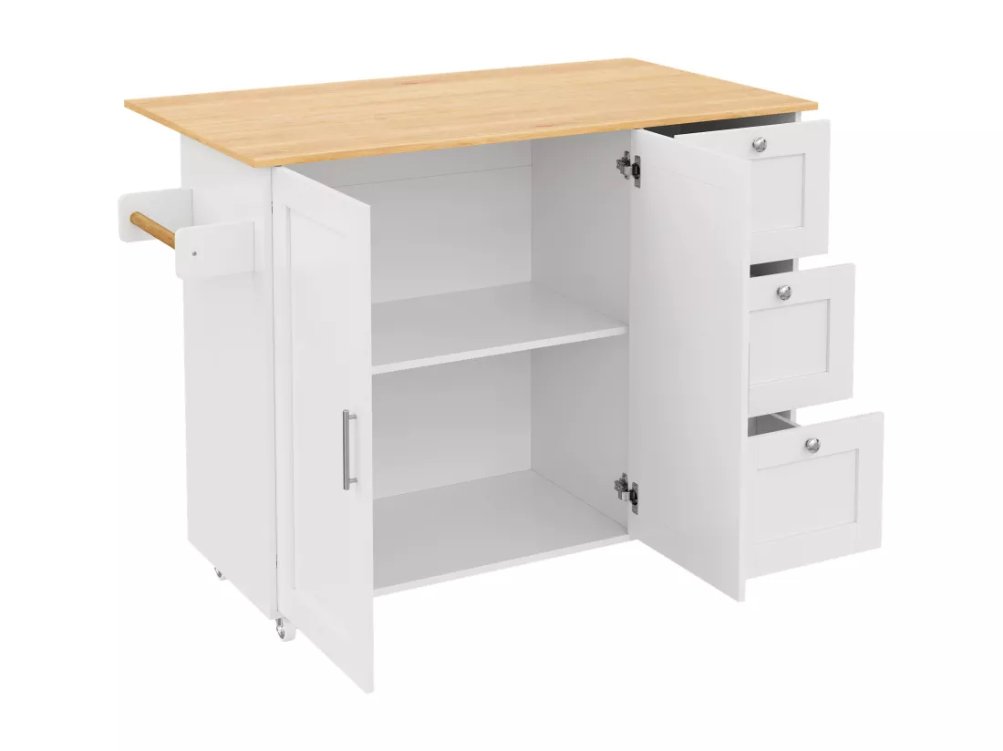 Ilot central de cuisine mobile avec 2 portes et 3 tiroirs - Plateau extensible - 135x44(70)x90 cm - Bois MDF - Blanc et naturel