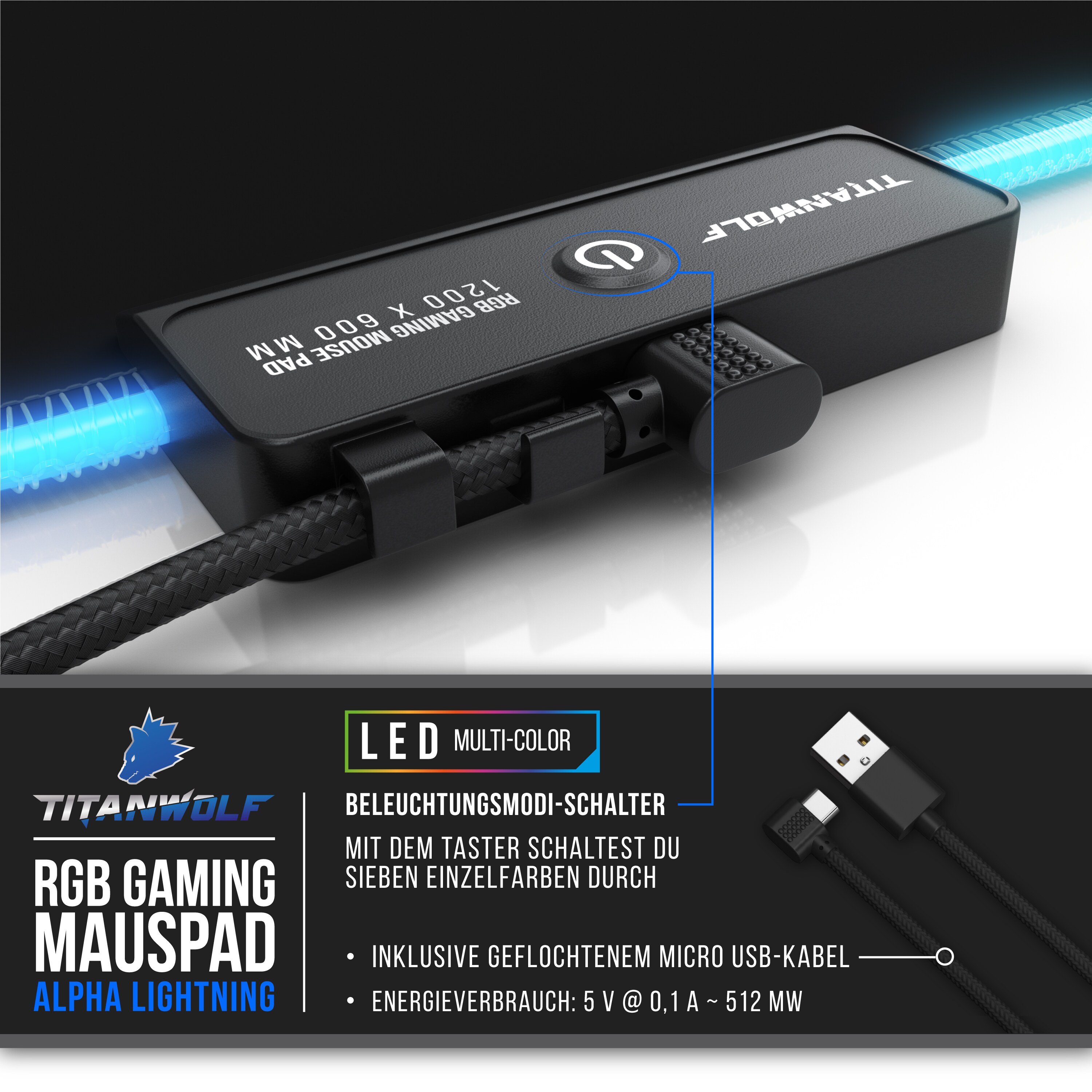 Titanwolf XXXL RGB Gaming Mauspad - 1200 x 600 mm - Mousepad - LED Multi Color - 7 LED Farben Plus 4 Effektmodi - für Präzision und Geschwindigkeit