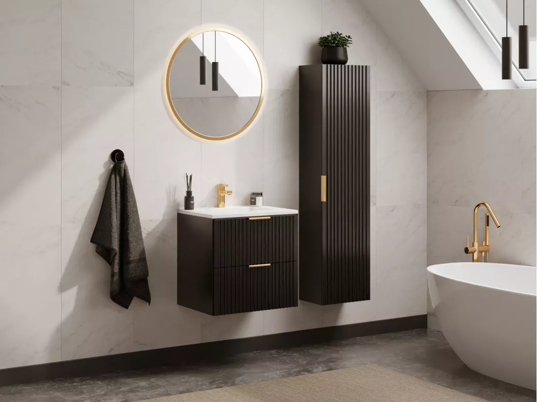 Meuble de salle de bain strié avec vasque à encastrer et colonne - Noir - 60 cm - ZEVARA