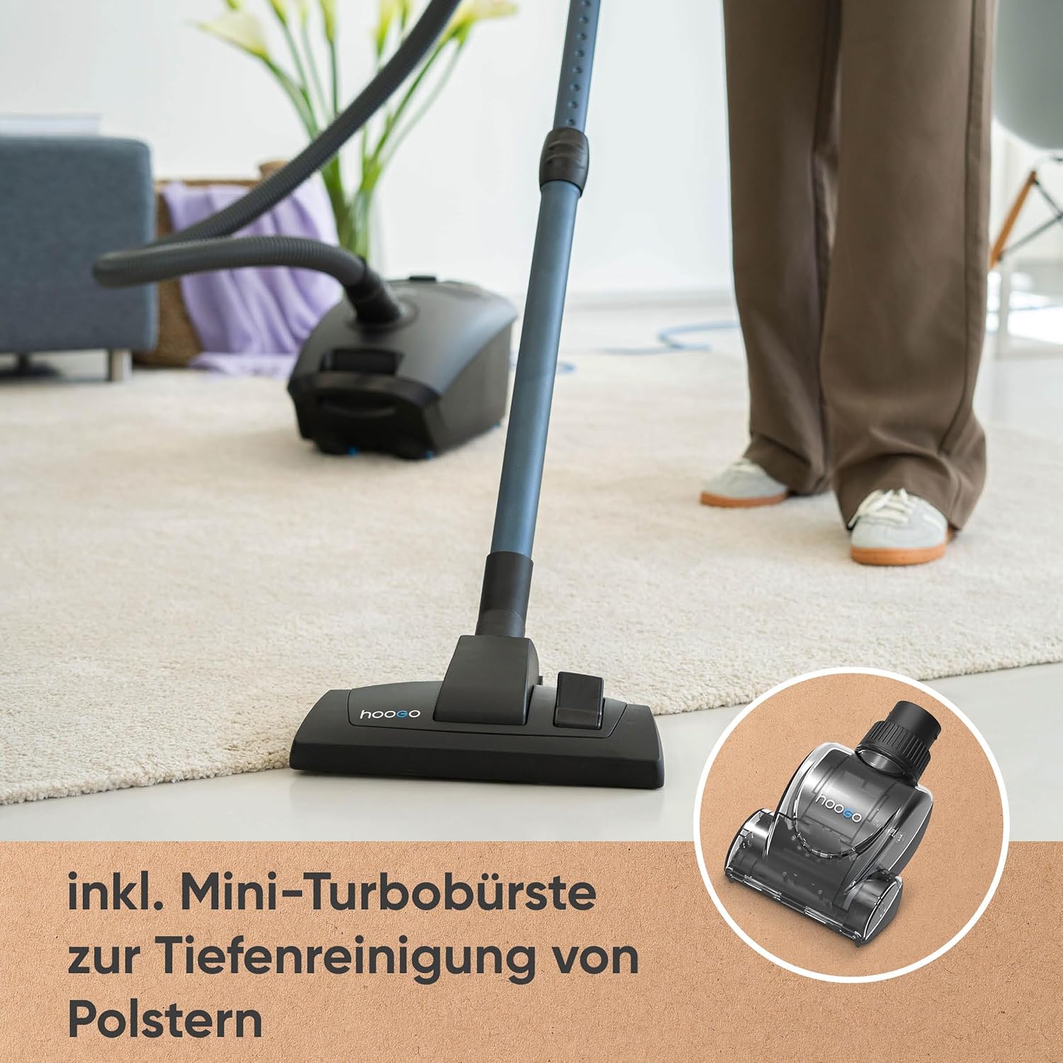 hoogo B3+ Graphit mit Flipflop Bodendüse | Plus Mini-Turbobürste | Staubsauger mit Beutel | Starke 850 W Saugleistung | HEPA 14 Filter | 11 Meter Radius | Nur 74 dB(A) | 3 L Fassungsvermögen