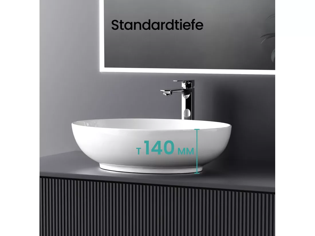 EMKE Vasque à Poser Ovale 520 x 395 x 130 mm, Lavabo de Salle de Bain en Céramique, Montage sur Comptoir, Blanc Brillant