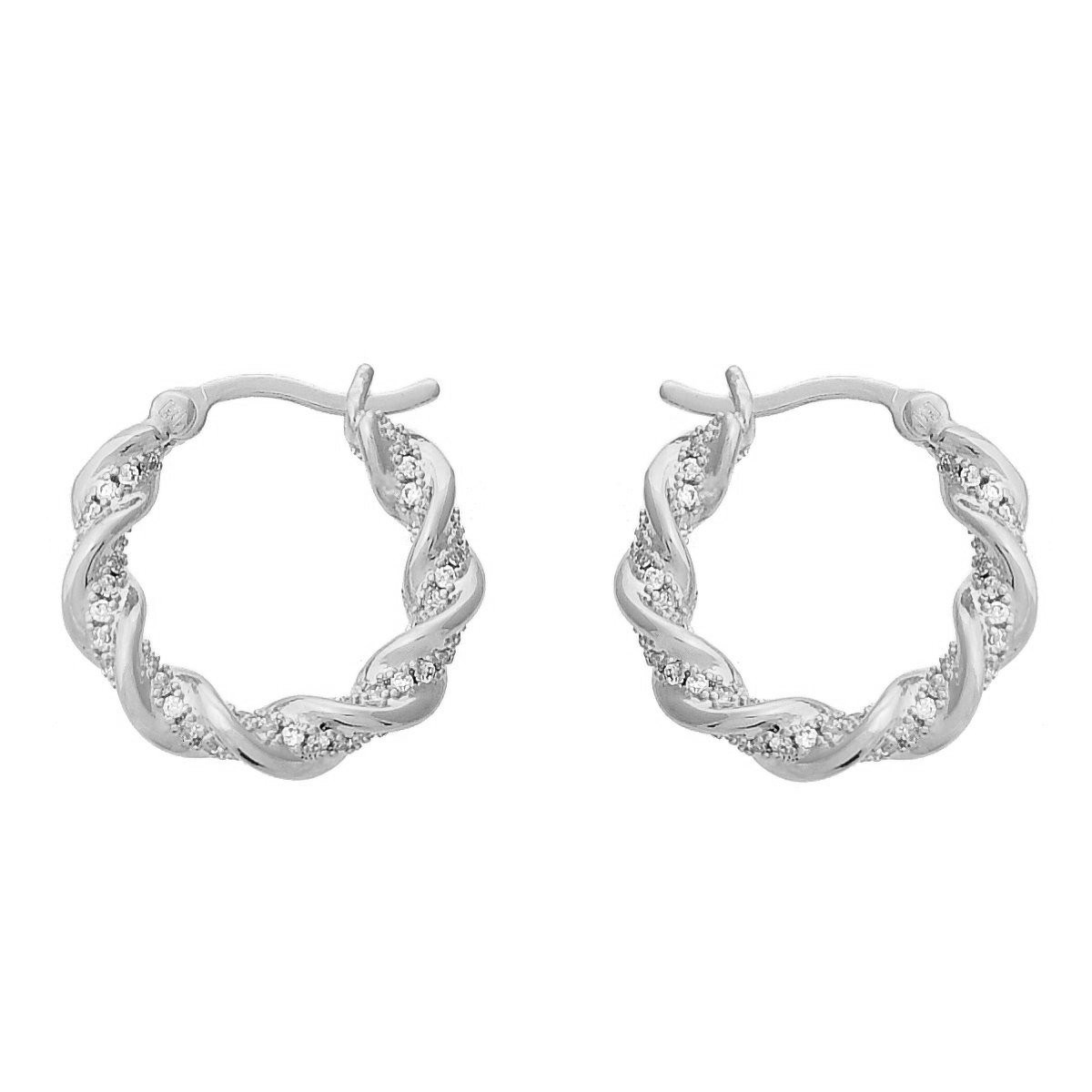 Boucles d'oreilles Créoles torsade d'oxyde de zirconium Argent 925 Rhodié