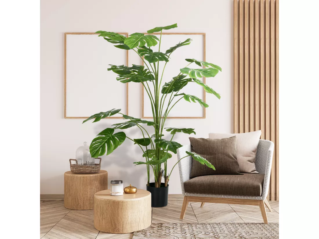 Arbre artificiel plante artificielle Monstera H. 180 cm tronc branches lichen feuilles de tortue grand réalisme pot inclus