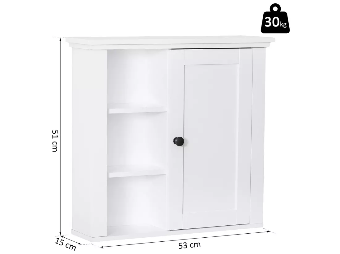 Armoire haute murale de salle de bain ou WC placard 1 porte 3 niches dim. 53L x 14,5l x 50,5H cm MDF panneaux particules blanc