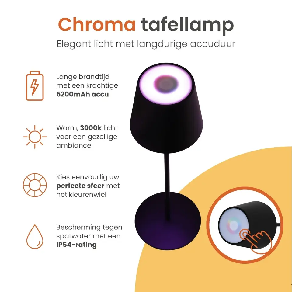 Goliving Chroma Tafellamp Oplaadbaar – Draadloos en Dimbaar – Touch – Nachtlamp