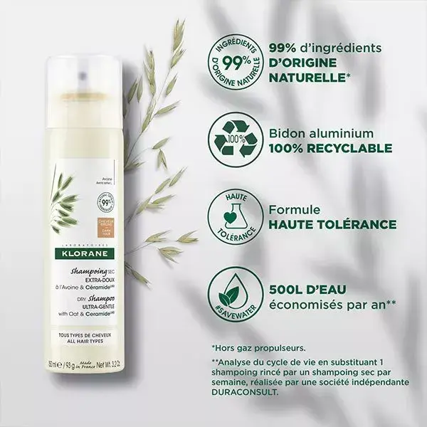 Shampooing sec extra doux à l'avoine et céramide Like Klorane, cheveux bruns - Aérosol de 150 ml