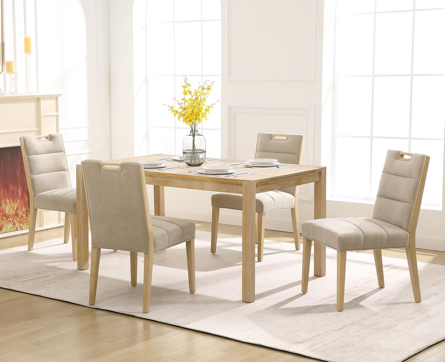 Esszimmerstühle 2er Set Chenille Polsterstuhl mit Holzbeinen Moderne Küchenstühle mit Oberer Griff für Esszimmer/Restaurant, Beige