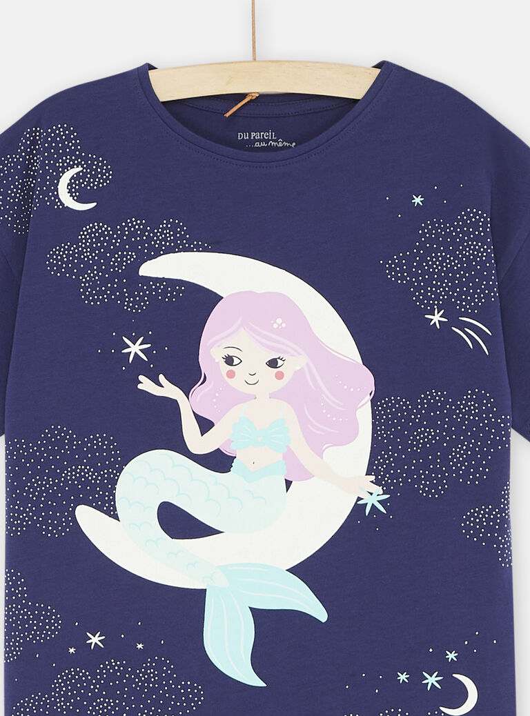 Pyjama bleu phosphorescent à motif sirène sur la Lune fille