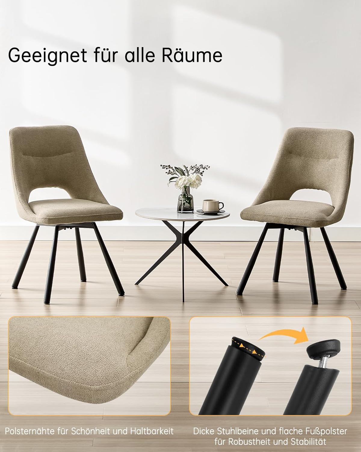 LEWE Esszimmerstühle drehbar 4er Set, Küchenstuhl, 360° Drehstuhl, Ergonomischer Polsterstuhl, armlos, Esszimmer Wohnzimmer Schlafzimmer, Kaschmir-Stoff - Khaki