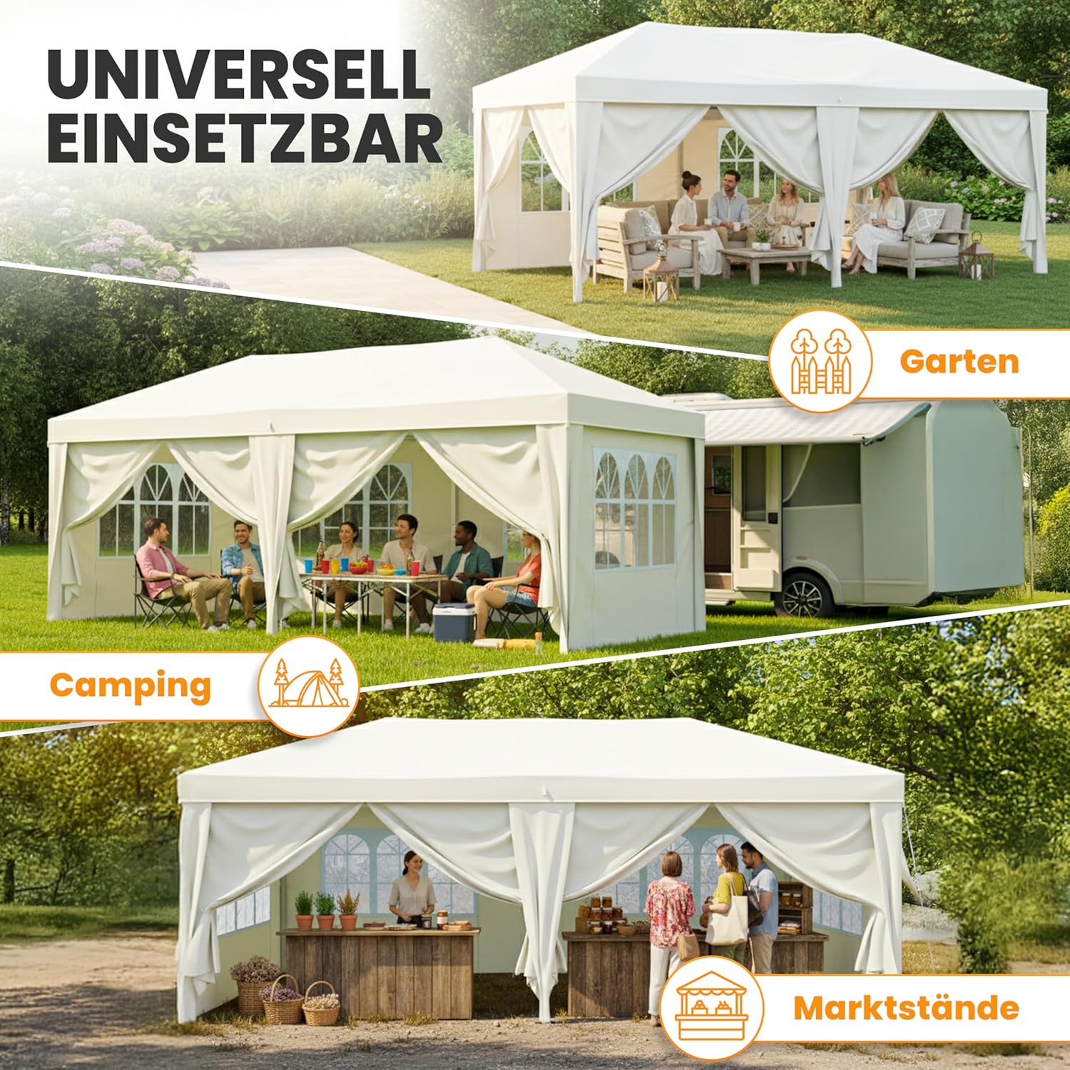 Pavillon 3x6 Wasserdicht Stabil Winterfest und UV 50+ Schutz - Faltpavillon mit Seitenwänden - Pop Up Zelt für Garten, Camping, Märkte - Gartenpavillon (Beige, 3x6m)