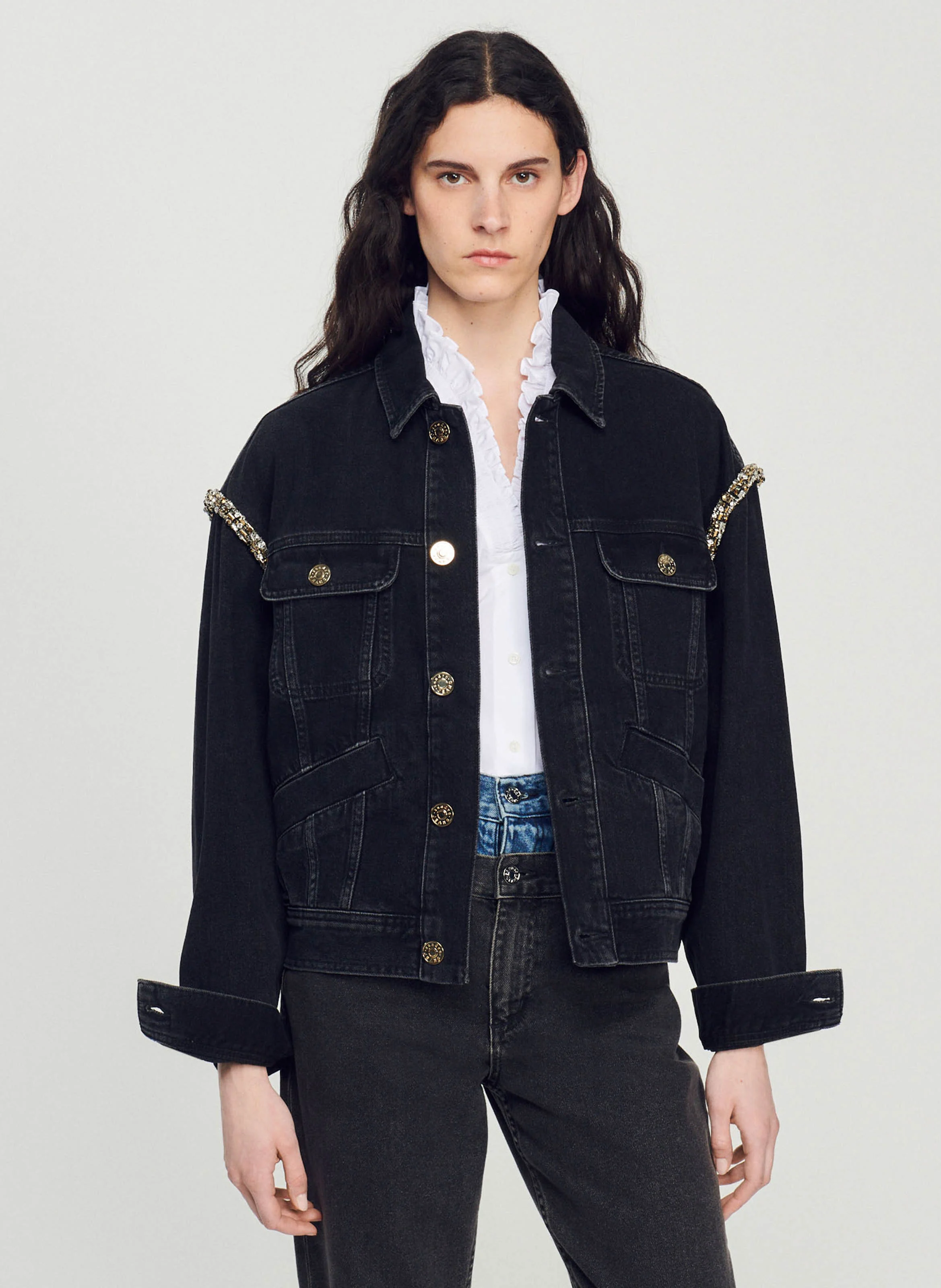 Veste en jean col classique avec strass | Noir
