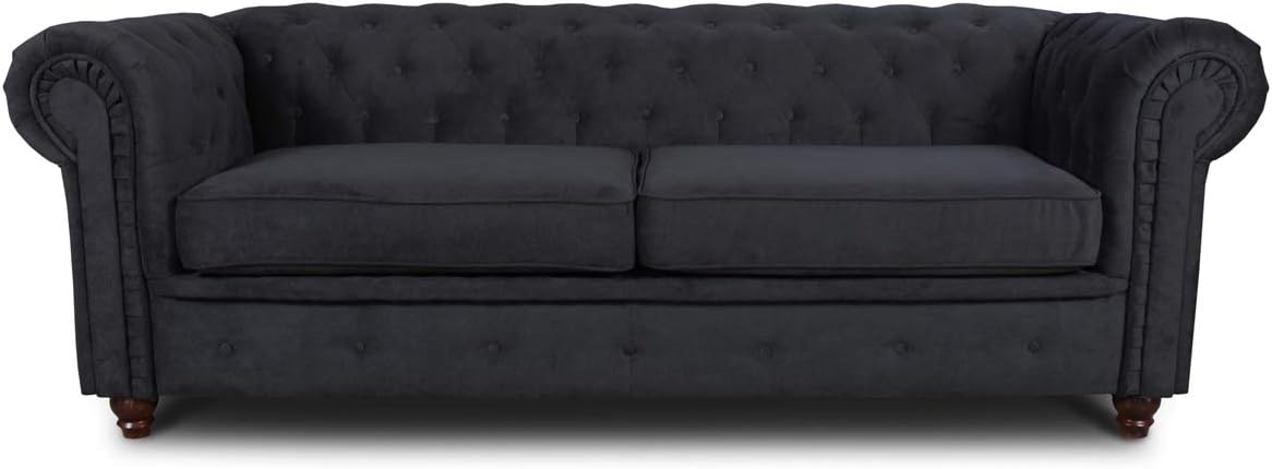 Sofnet Sofa Chesterfield Asti 3-Sitzer, Couch 3-er, Glamour Design, Couchgarnitur, Sofagarnitur, Holzfüße, Polstersofa - Wohnzimmer (Schwarz (Capri 19))