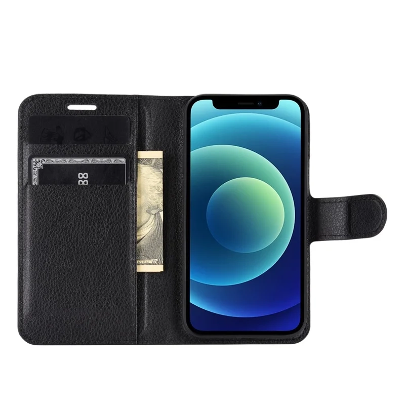 iPhone 12 Mini Leder Tasche Flip Cover Litchi Look - Schwarz