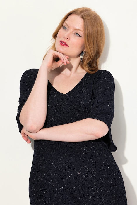 Midikleid, A-Linie, Glitter, V-Ausschnitt, 3/4-Arm