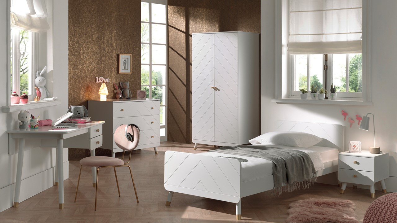 Bed Billy met nachtkast, bureau en commode 3 laden white
