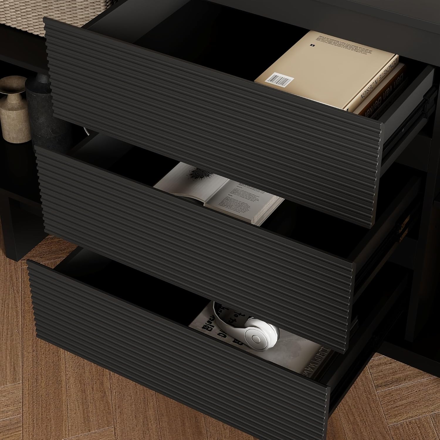 Modernes Sideboard Schwarz 160 x 40 x 80 cm mit 3 Schubladen und 2 Türen – Design-Kommode mit viel Stauraum, Hochwertiger Aufbewahrungsschrank für Wohnzimmer, Esszimmer oder Flur, Belastbar bis 80 kg