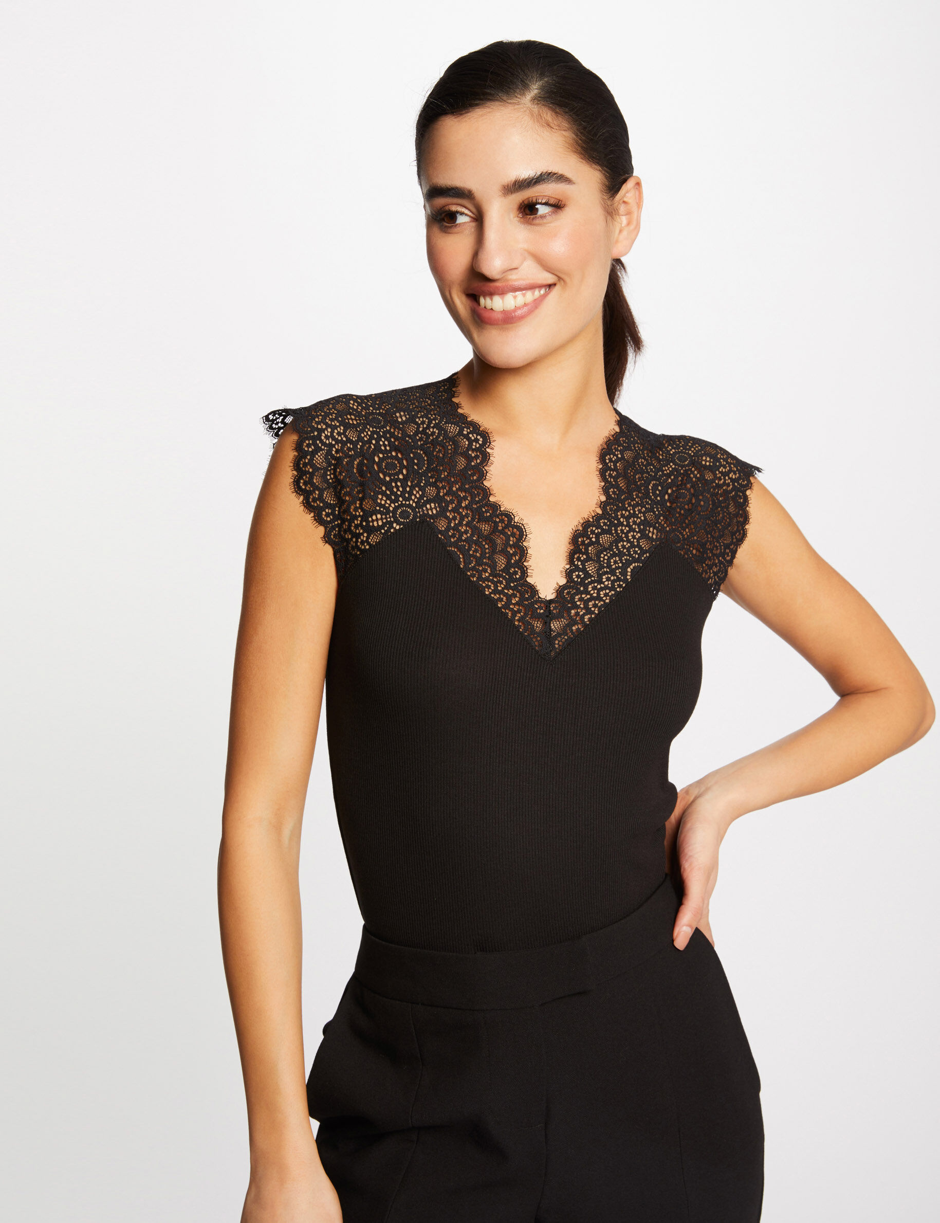 Débardeur bretelles larges en dentelle noir femme - noir