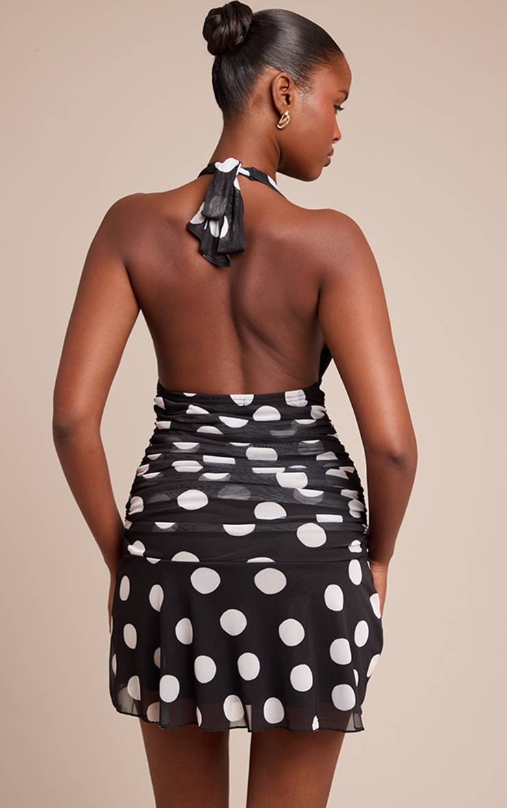 Noir Robe Courte Dos-nu À Pois Contrastés