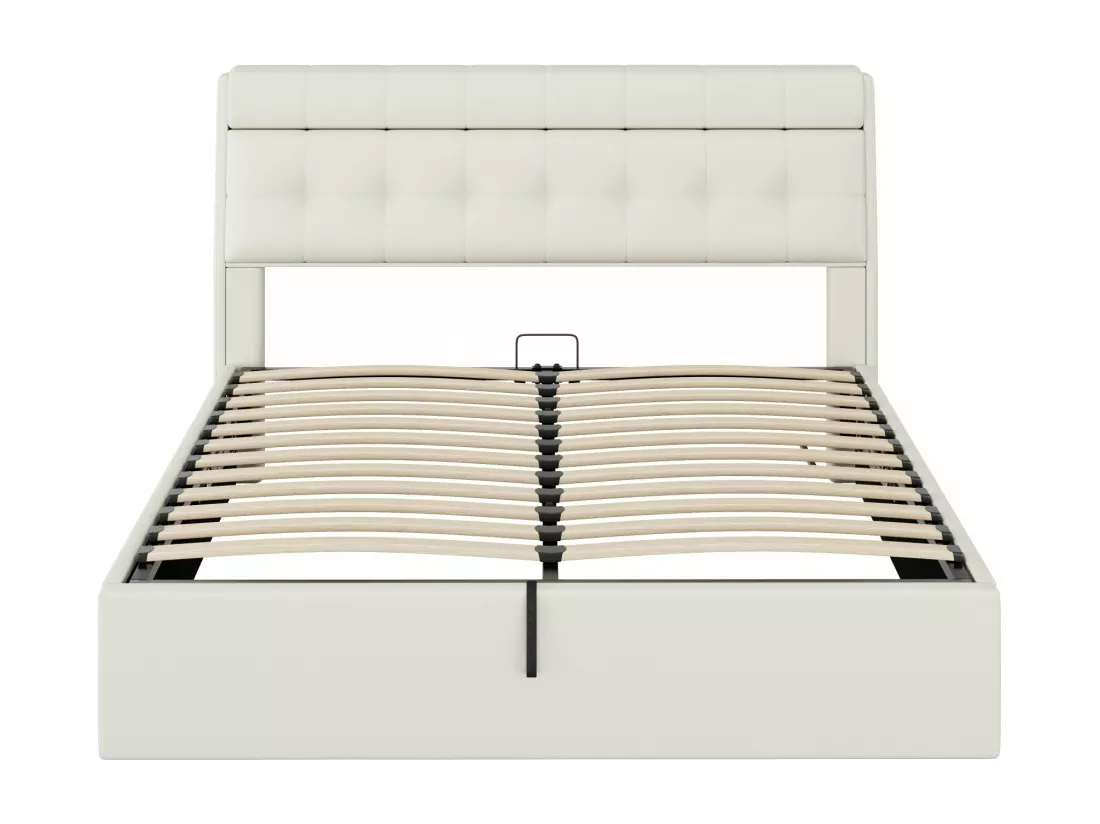 Lit capitonné hydraulique 160*200, rangement dissimulé à la tête de lit, rangement sous le lit, PU, avec sommier à lattes et tête de lit, blanc