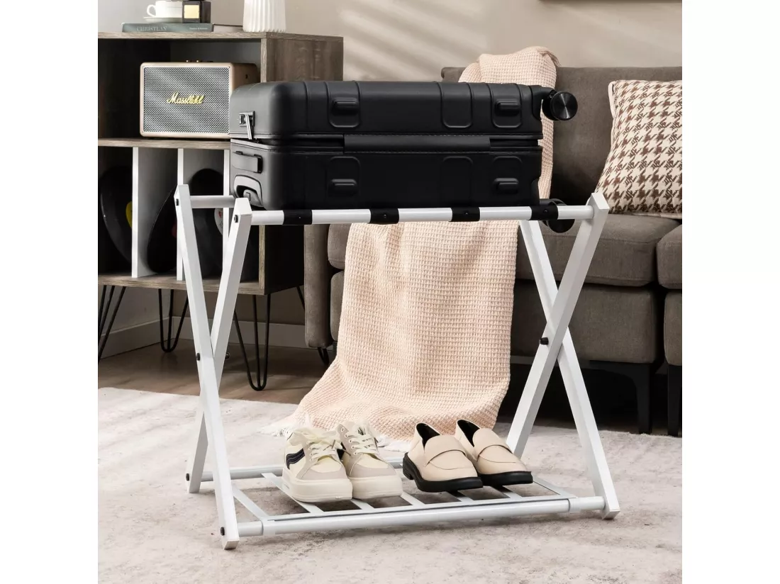 Support de Valise Pliable avec 2 Etages et 4 Sangles, Porte-Valise Fabriqué par des Tubes en Fer de Haute Qualité, Accessoire de Domicile, Hôtel pour Rangement, 68 x 44 x 57 cm, Blanc