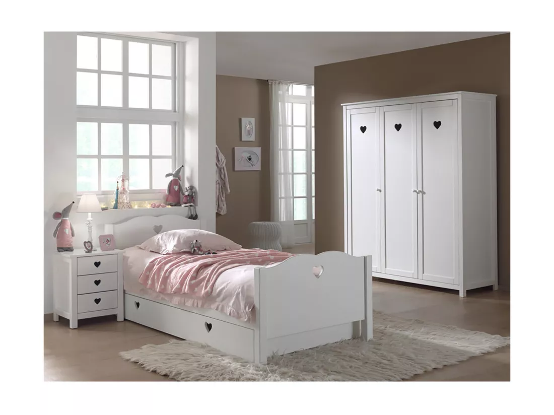 MILADY - Chambre 90x200cm + Chevet + Armoire 3 Portes