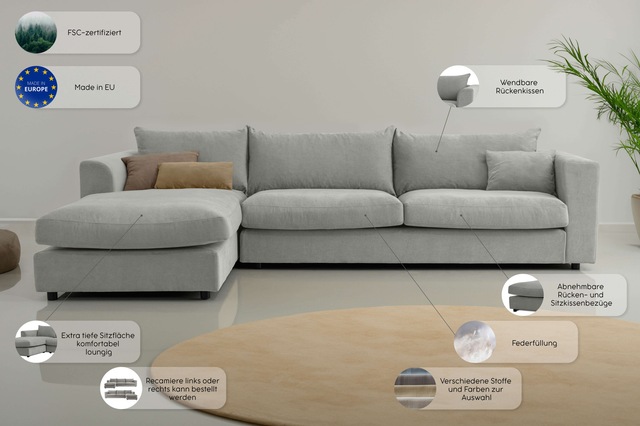 LeGer Home by Lena Gercke Ecksofa »Avelina« Breite 297 cm, in Cord- und Chenille- Stoff, Rückenkissen mit Federn