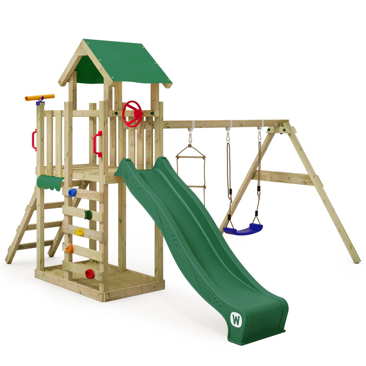 WICKEY MultiFlyer Light speeltoren klimtoestel met schommel en glijbaan, klimtoren met zandbak, ladder en speeltoebehoren – groen