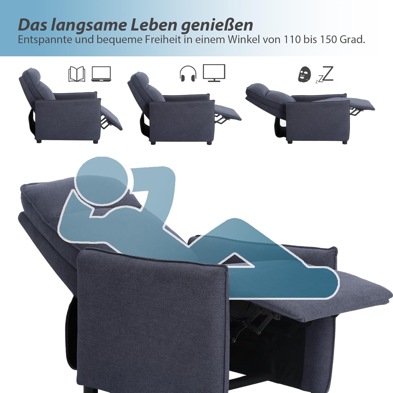 Relaxsessel Modern Sofa 1 Sitzer Stillsessel, Ruhesessel Bettsessel Schlafsessel Einzelsofa Liegefunktion, Wohnzimmersessel Relaxliege Loungesessel Fernsehsessel mit Rückenlehne Navy Blau