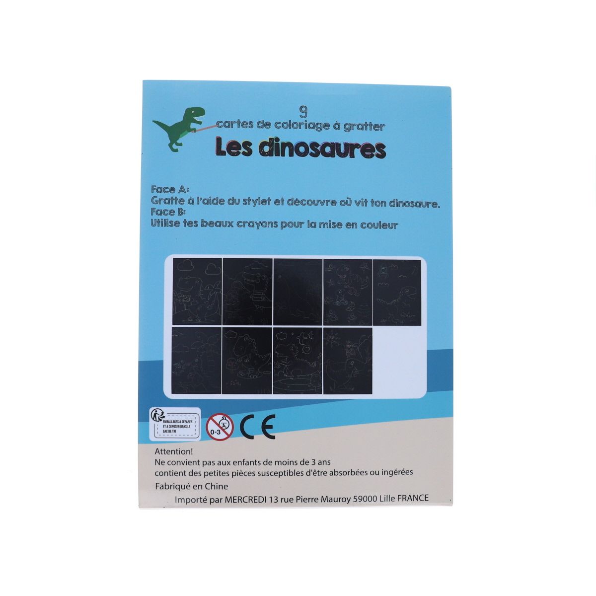 Lot de 9 cartes de coloriages à gratter dinosaures Mercredi et Patati