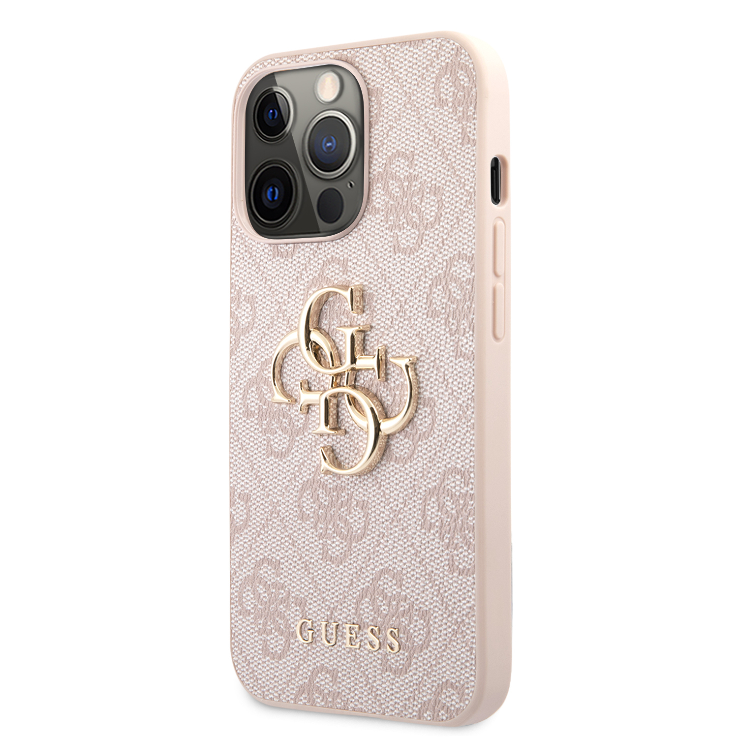 iPhone 13 Pro Leder Hardcase Hülle Metall Logo (GUHCP13L4GMGPI) - Rosa / Gold