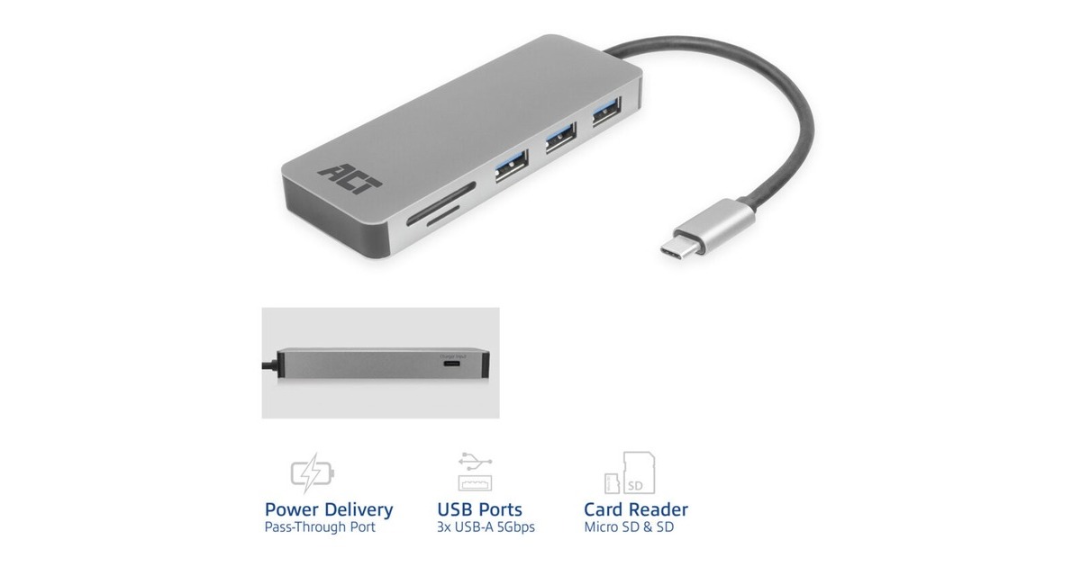 ACT ConnectivityUSB-C hub 3.0, 3x USB-A, cardreader, PD pass-through dockingstation  (Grijs)