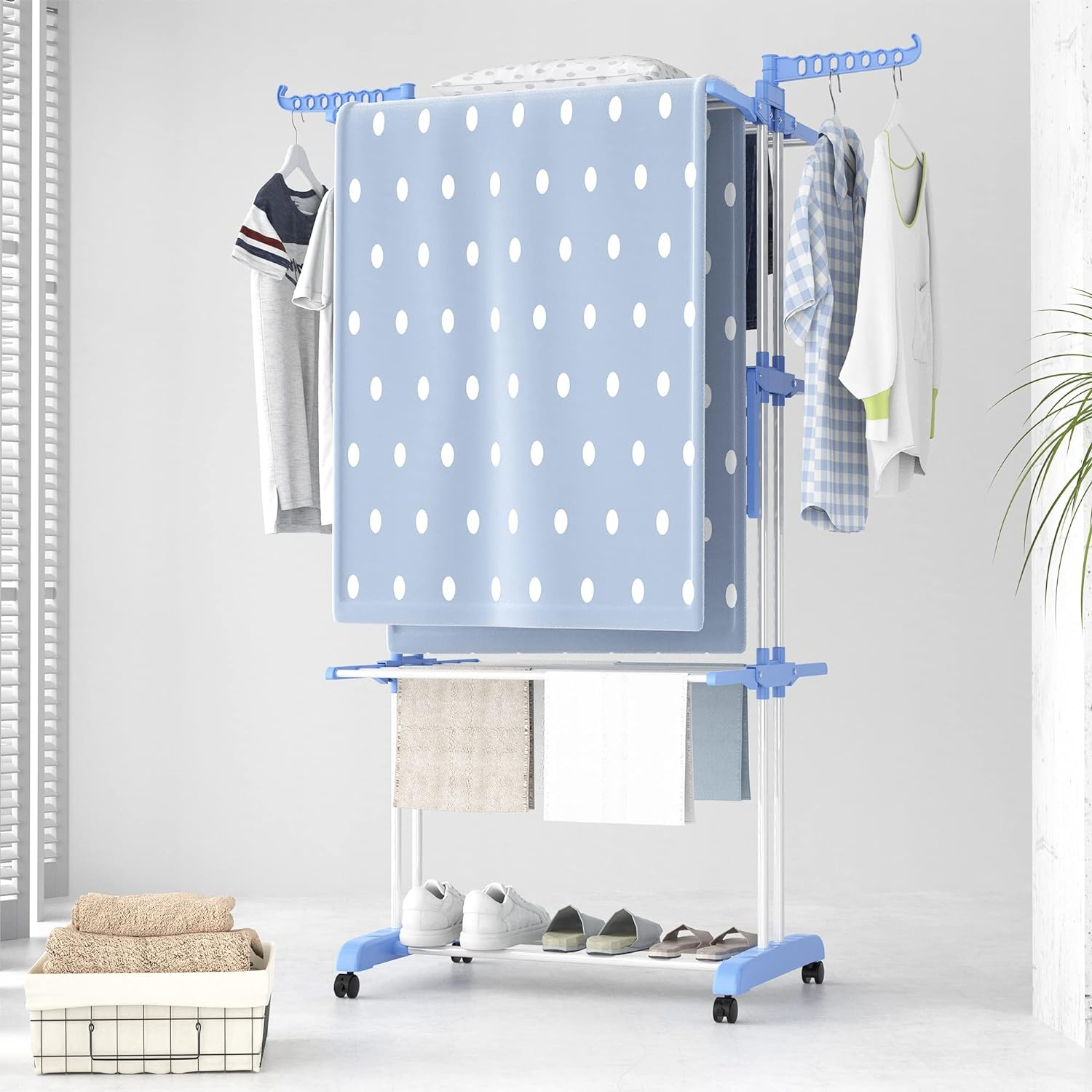 (170x80cm) Mobiler Wäscheständer 4 Etagen Kleiderstange Wäscheturm Trockner mit Rollen  - Weiss / Blau