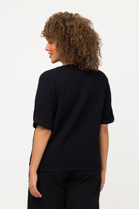 Musselin-Bluse, Oversized, Tunika-Ausschnitt, Halbarm