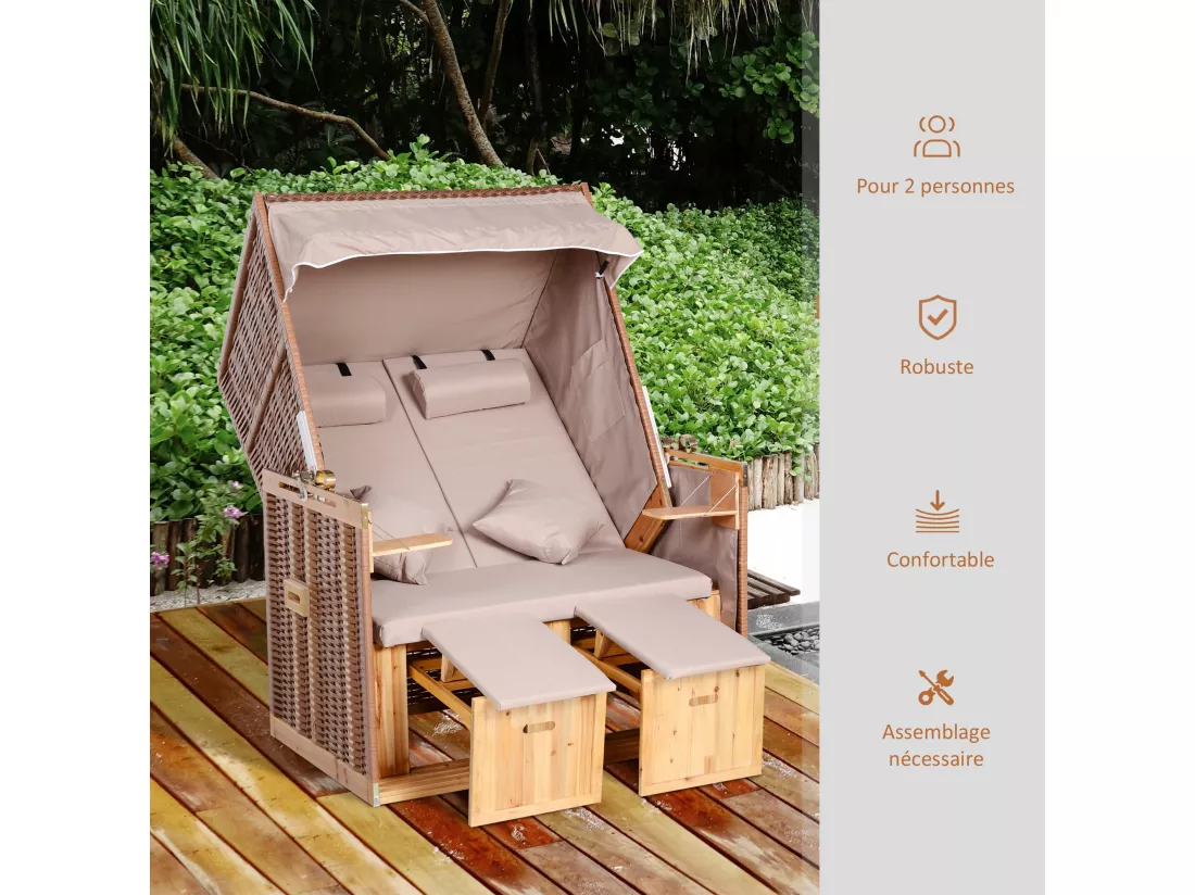 Outsunny Corbeille de plage 2 places pliable - Cabine de plage inclinable - abri plage strandkorb - coussins, repose-pieds, tablettes, pare-soleil - bois résine tressée polyester taupe